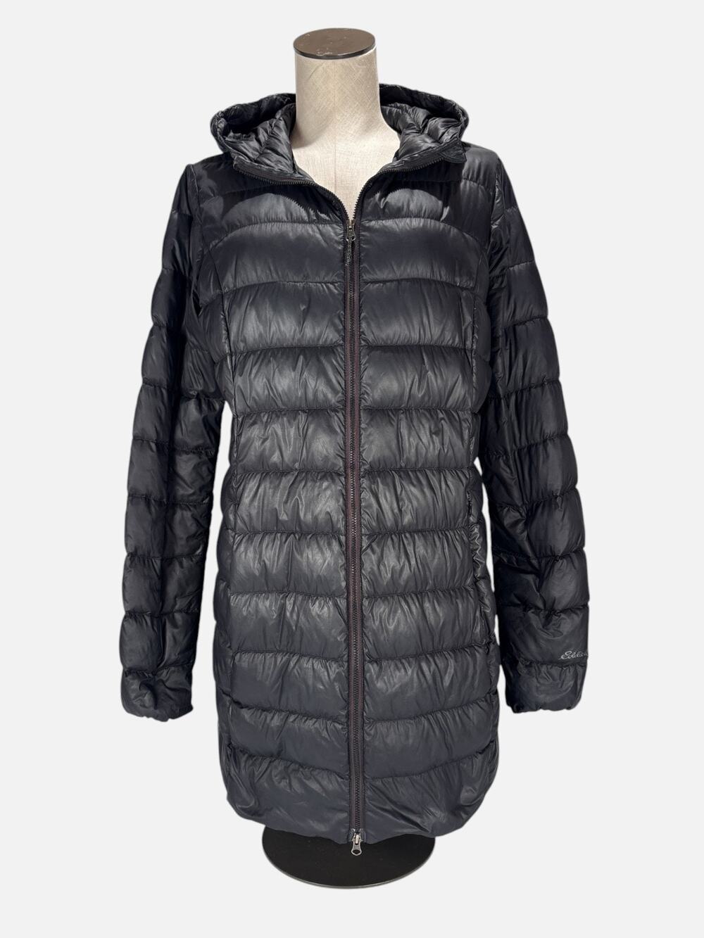 Eddie Bauer Womens Black Down Coat Hooded TALL MED Parka Puffer Jacket 650 Fill